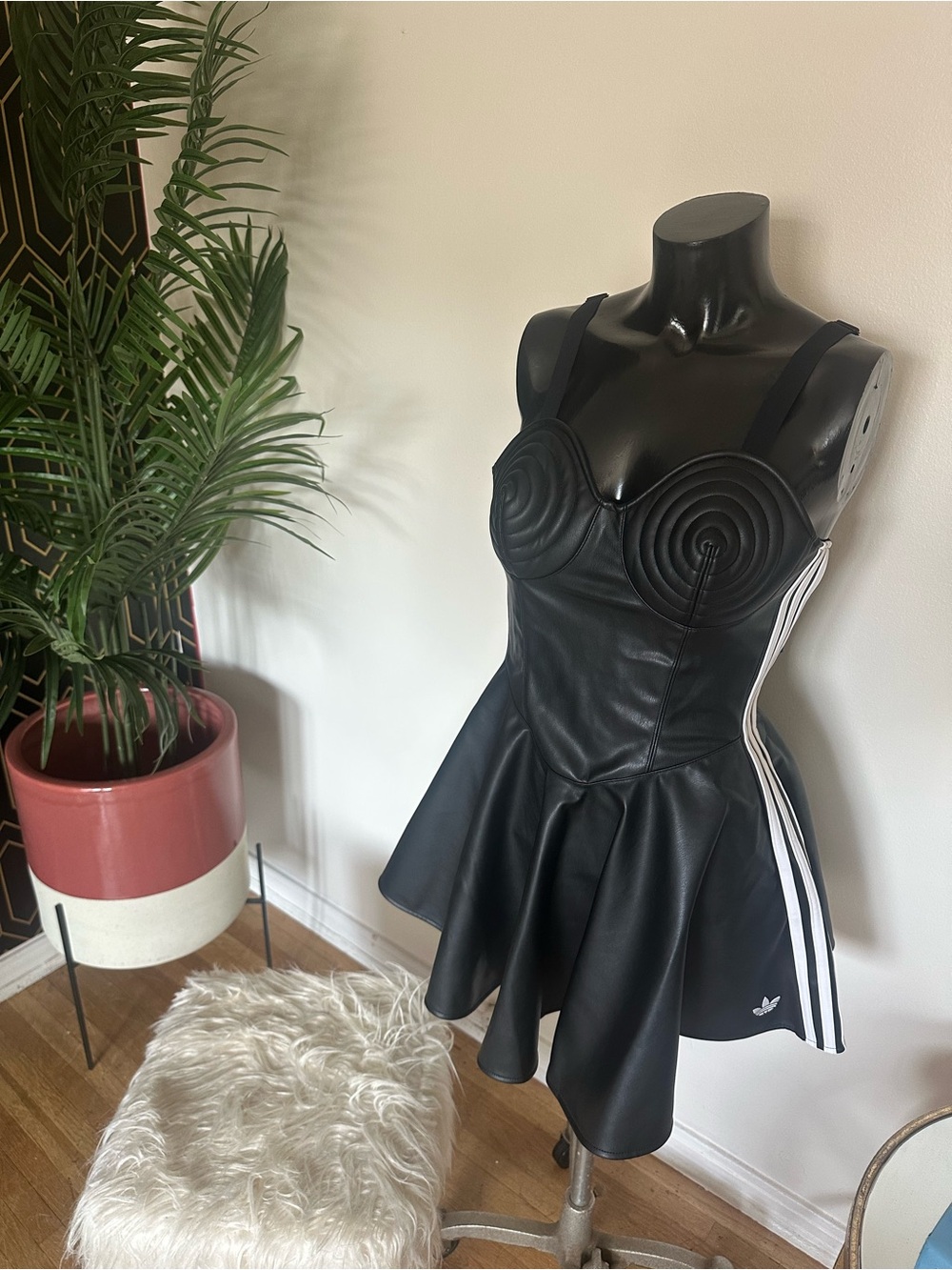 Jeremy Scott Black Faux Leather Mini Dress with White Side Stripes